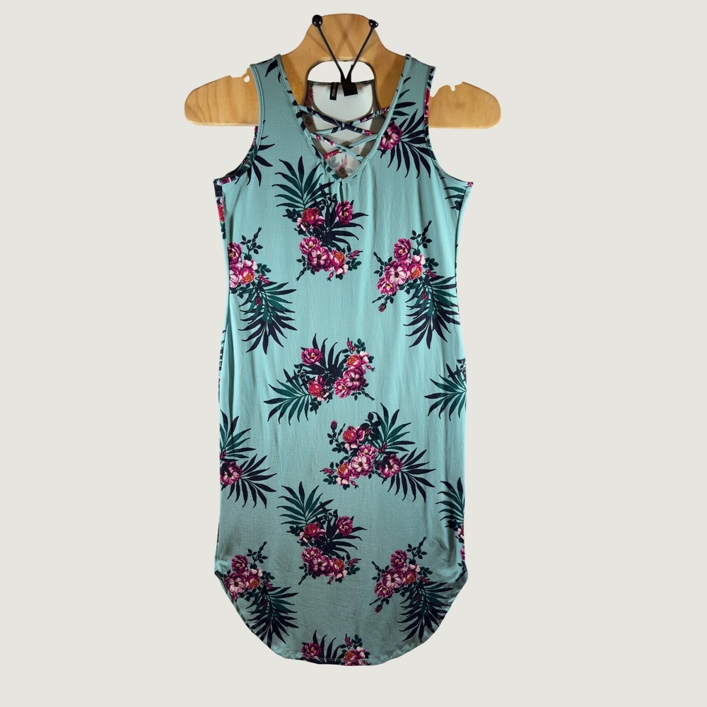 1605 | Kristin Nicole Tropical Floral Lattice Neck Bodycon Midi Dress Teal L